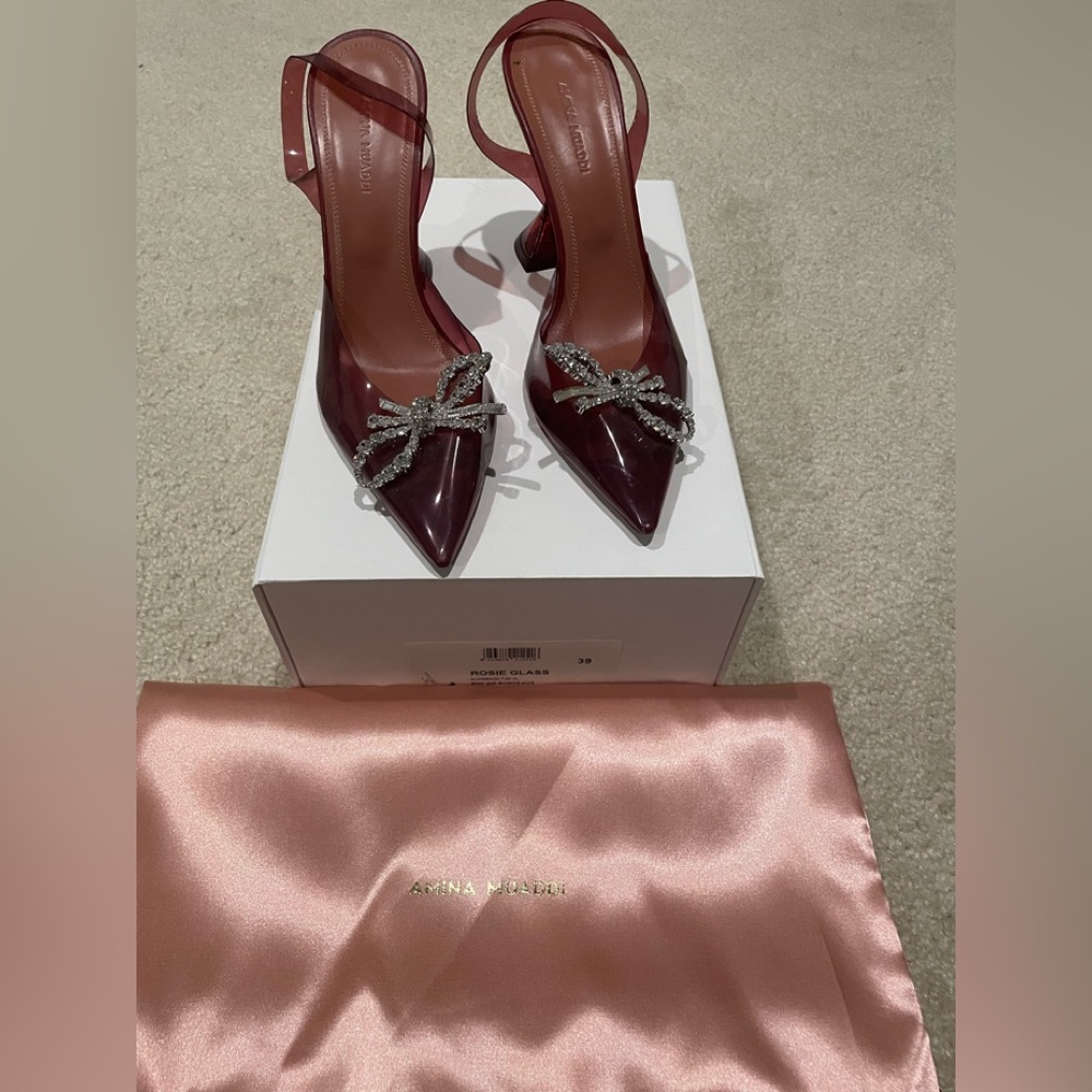 Amina Muaddi Burgundy PVC Slingback Pumps with Crystal Bow - Picture 2 of 8